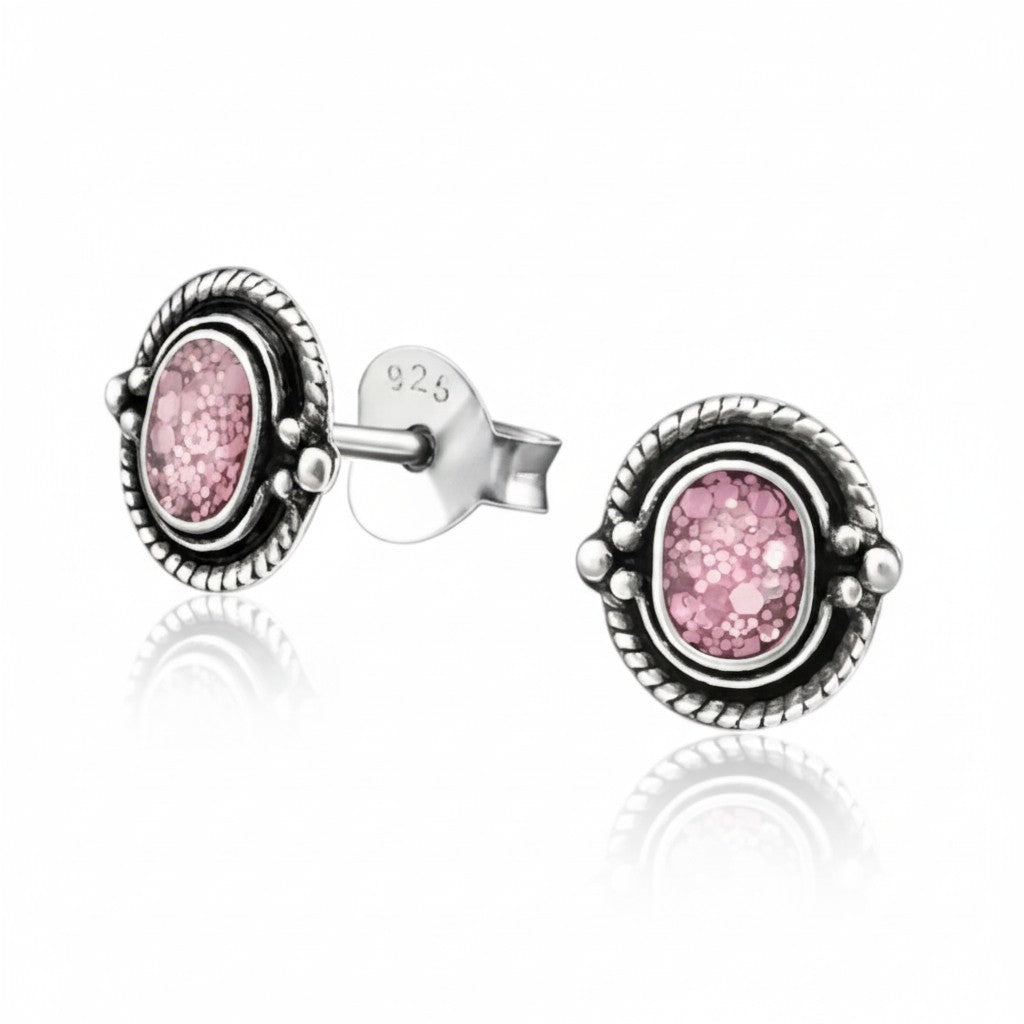 Boucles d'oreilles puces – Boucles d'oreilles ovales en argent 925 de Bali, à paillettes roses, 8 x 5 mm, oxydées