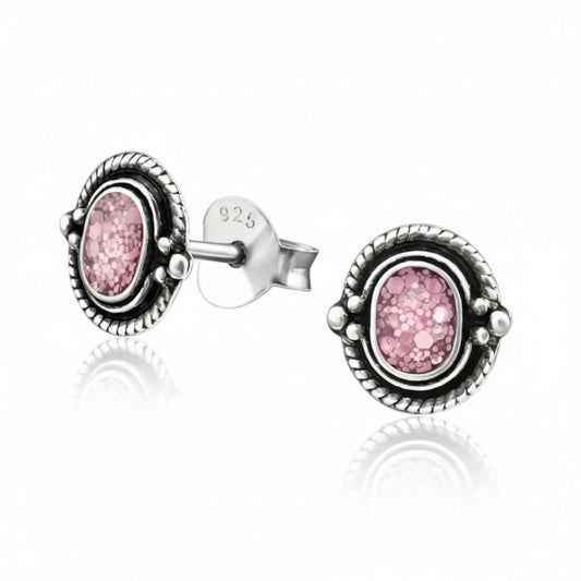 Boucles d'oreilles puces – Boucles d'oreilles ovales en argent 925 de Bali, à paillettes roses, 8 x 5 mm, oxydées
