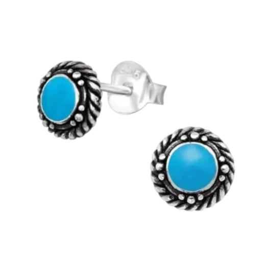 Boucles d'oreilles puces – Argent sterling, style ethnique balinais, émail bleu, rondes, oxydées, 6 mm