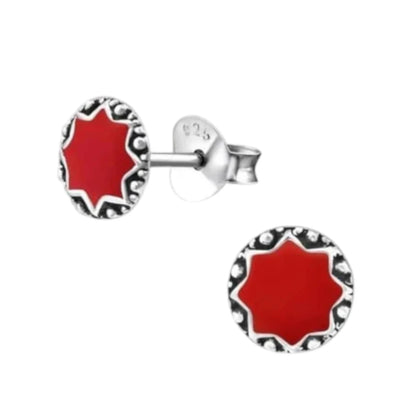 Boucles d'oreilles puces – Argent sterling, style ethnique balinais, émail rouge, rondes, oxydées, 6 mm
