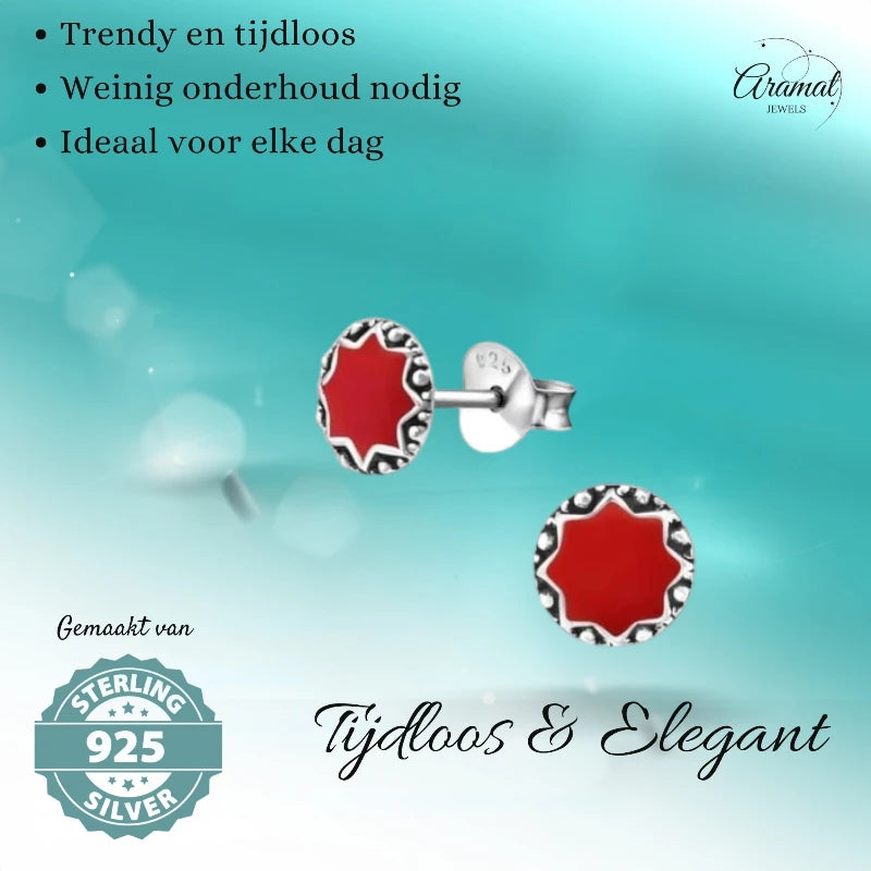 Boucles d'oreilles puces – Argent sterling, style ethnique balinais, émail rouge, rondes, oxydées, 6 mm