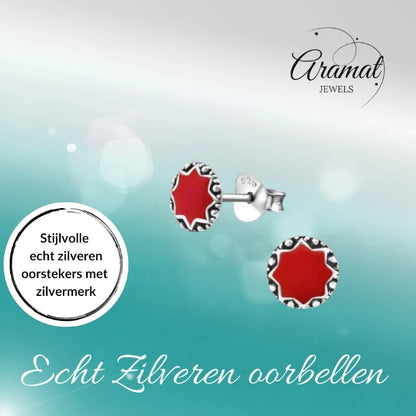 Boucles d'oreilles puces – Argent sterling, style ethnique balinais, émail rouge, rondes, oxydées, 6 mm