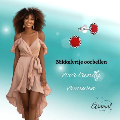 Boucles d'oreilles puces – Argent sterling, style ethnique balinais, émail rouge, rondes, oxydées, 6 mm