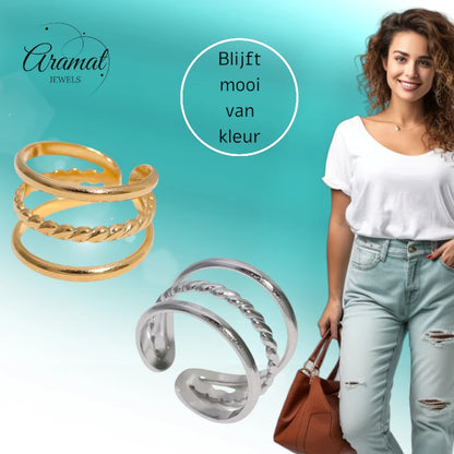 Open Ring Driedubbele Band: Glad en Gedraaid (15 mm Breed)