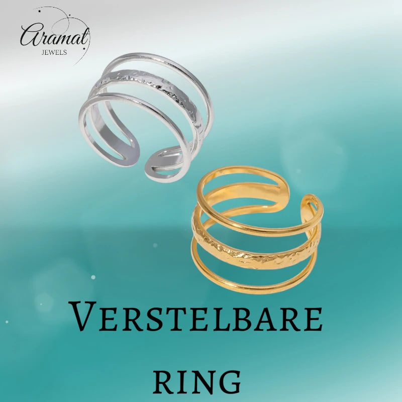 Open Ring Driedubbele Band: Glad en Gehamerd (15 mm RVS)