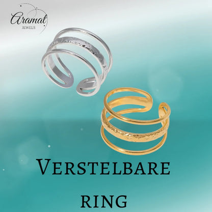 Open Ring Driedubbele Band: Glad en Gehamerd (15 mm RVS)