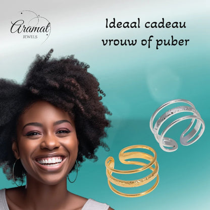 Open Ring Driedubbele Band: Glad en Gehamerd (15 mm RVS)