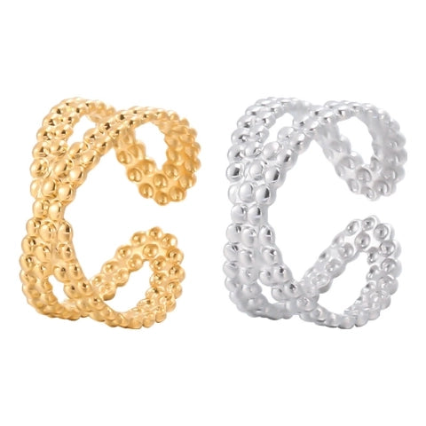 Open Ring Gekruiste Lijn met Bolletjes Reliëf (Verstelbaar RVS)