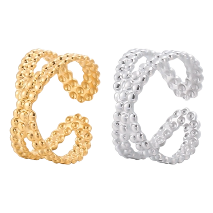 Open Ring Gekruiste Lijn met Bolletjes Reliëf (Verstelbaar RVS)