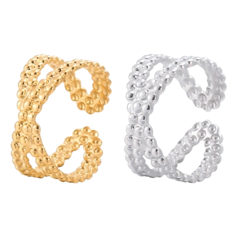 Open Ring Gekruiste Lijn met Bolletjes Reliëf (Verstelbaar RVS)