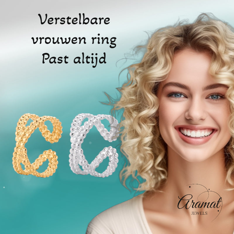 Open Ring Gekruiste Lijn met Bolletjes Reliëf (Verstelbaar RVS)