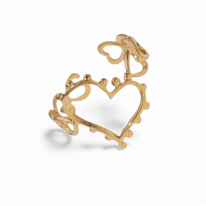 Open Ring Hartjes Schakel met Bolletjes Versiering (RVS Verstelbaar)