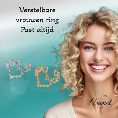 Open Ring Hartjes Schakel met Bolletjes Versiering (RVS Verstelbaar)