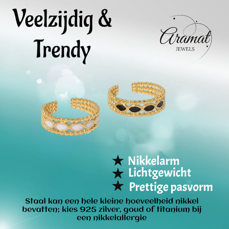 Open Ring RVS met Bolletjes Motief en Emaille Eclips (7 mm)