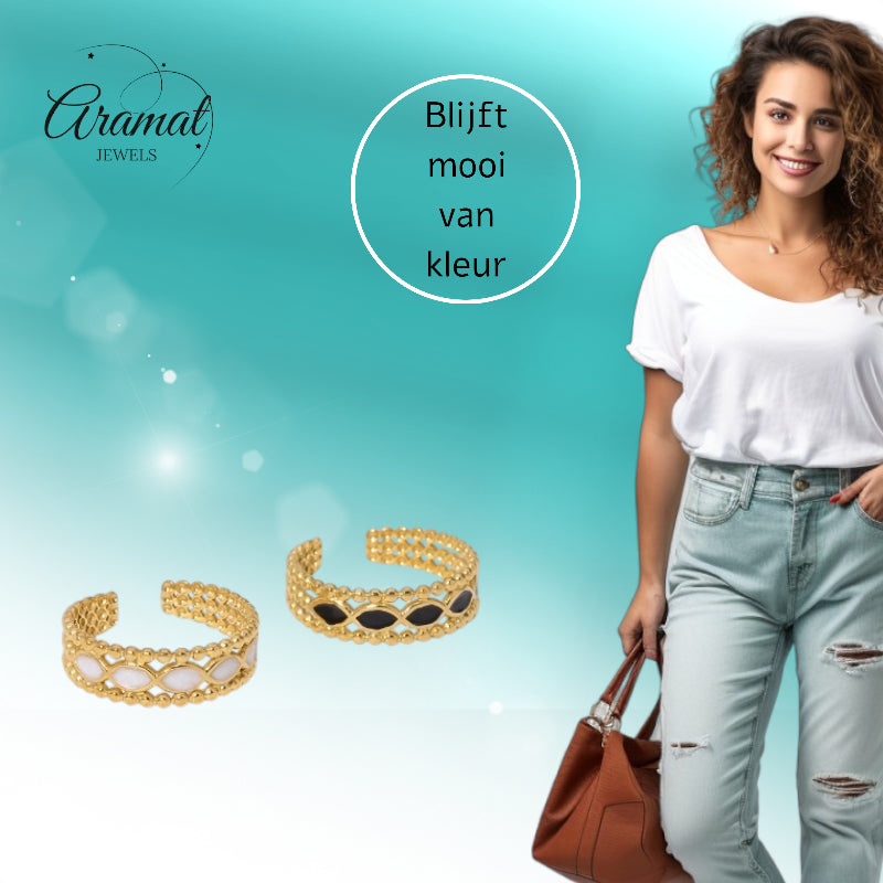 Open Ring RVS met Bolletjes Motief en Emaille Eclips (7 mm)