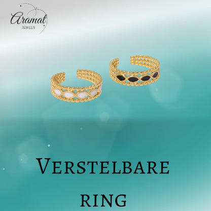 Open Ring RVS met Bolletjes Motief en Emaille Eclips (7 mm)