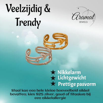 Open Ring RVS met Drie Sterren en Maan (9 mm)