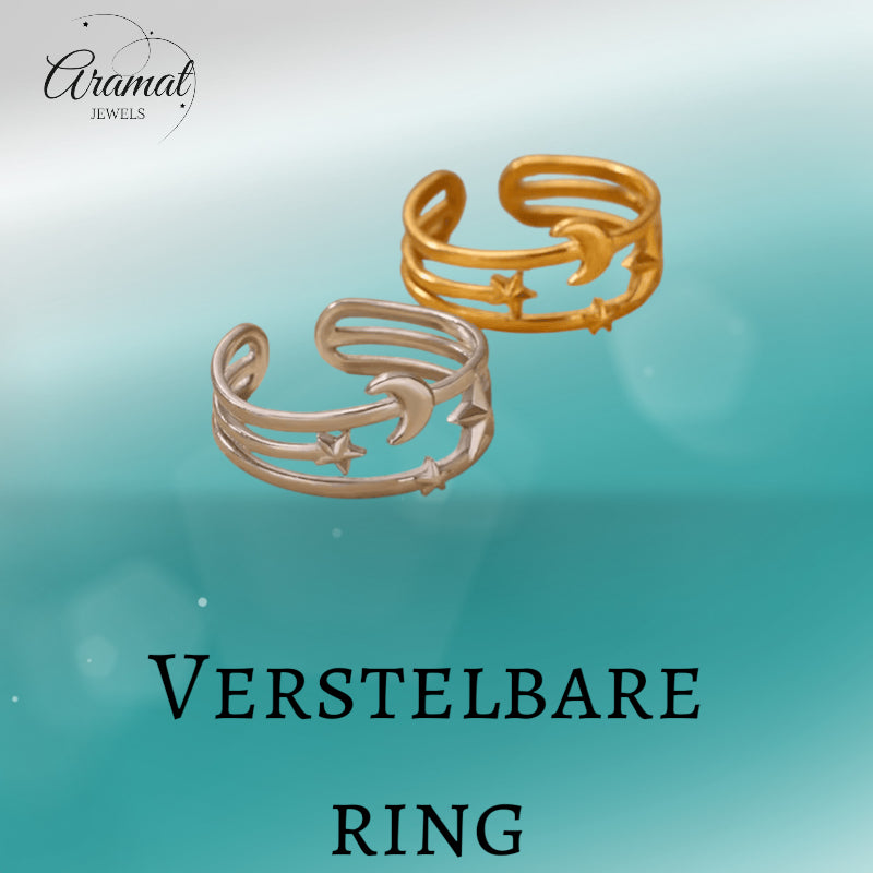 Open Ring RVS met Drie Sterren en Maan (9 mm)