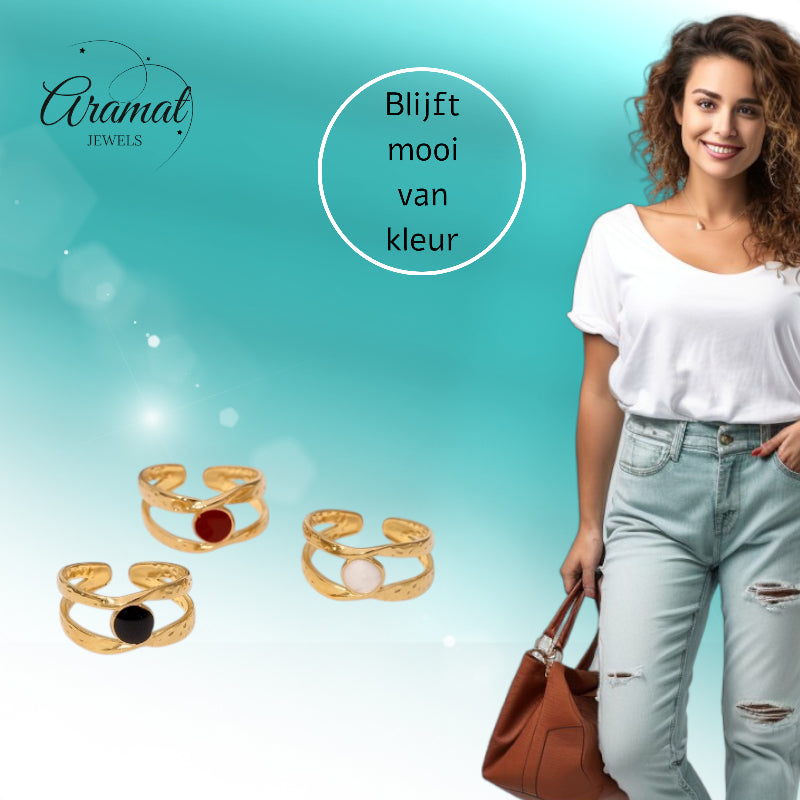 Open Ring RVS met Gehamerd Motief en Emaille Cirkel (9,5 mm)