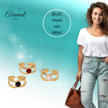 Open Ring RVS met Gehamerd Motief en Emaille Cirkel (9,5 mm)