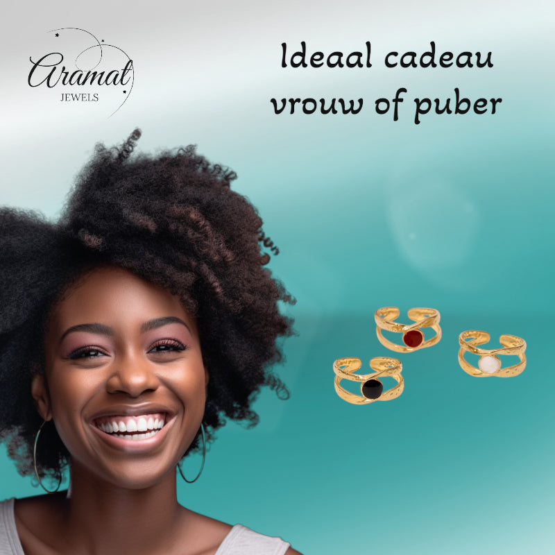 Open Ring RVS met Gehamerd Motief en Emaille Cirkel (9,5 mm)