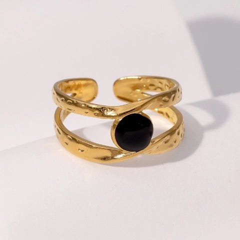 Open Ring RVS met Gehamerd Motief en Emaille Cirkel (9,5 mm)