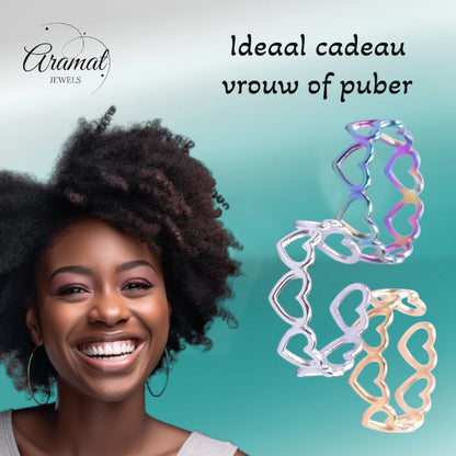 Open Ring RVS Hartjes Schakel (Multicolor, Zilver- of Goudkleur)