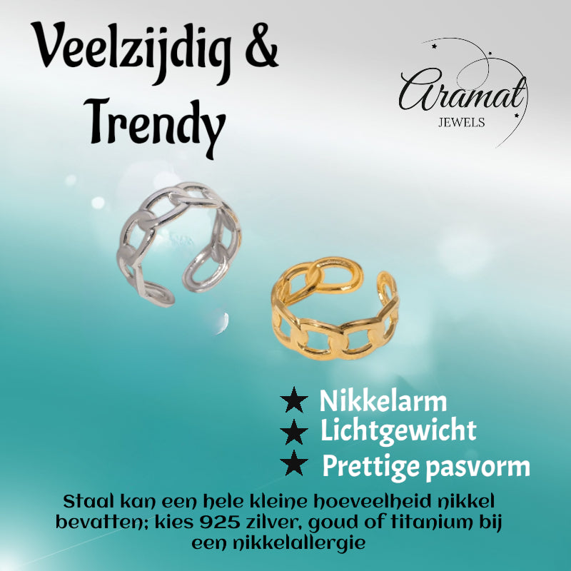 Open Ring Schakel Motief: Gladde en Fijne Schakelband (8 mm)