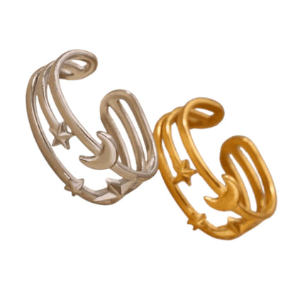 Open Ring RVS met Drie Sterren en Maan (9 mm)