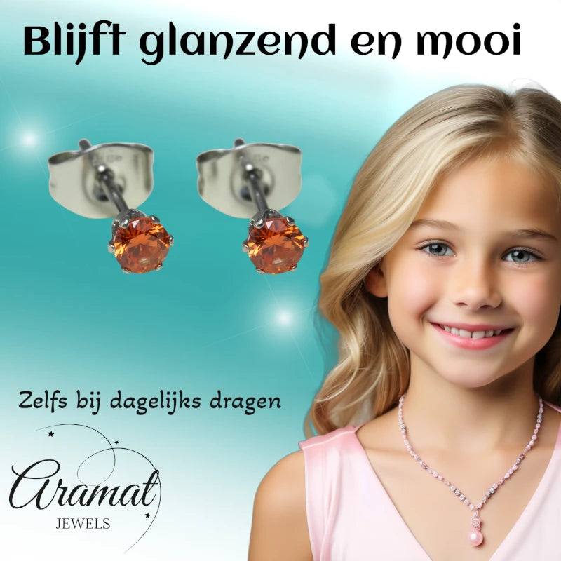 Zilverkleurige RVS Oorstekers Geboortesteen Juli - Rood/Oranje - 3 mm