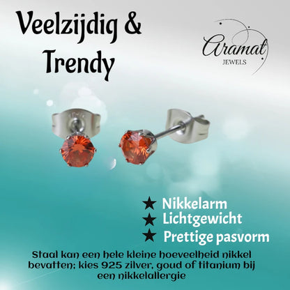 Zilverkleurige RVS Oorstekers Geboortesteen Juli - Rood/Oranje - 4 mm