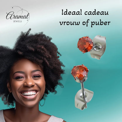 Zilverkleurige RVS Oorstekers Geboortesteen Juli - Rood/Oranje - 4 mm