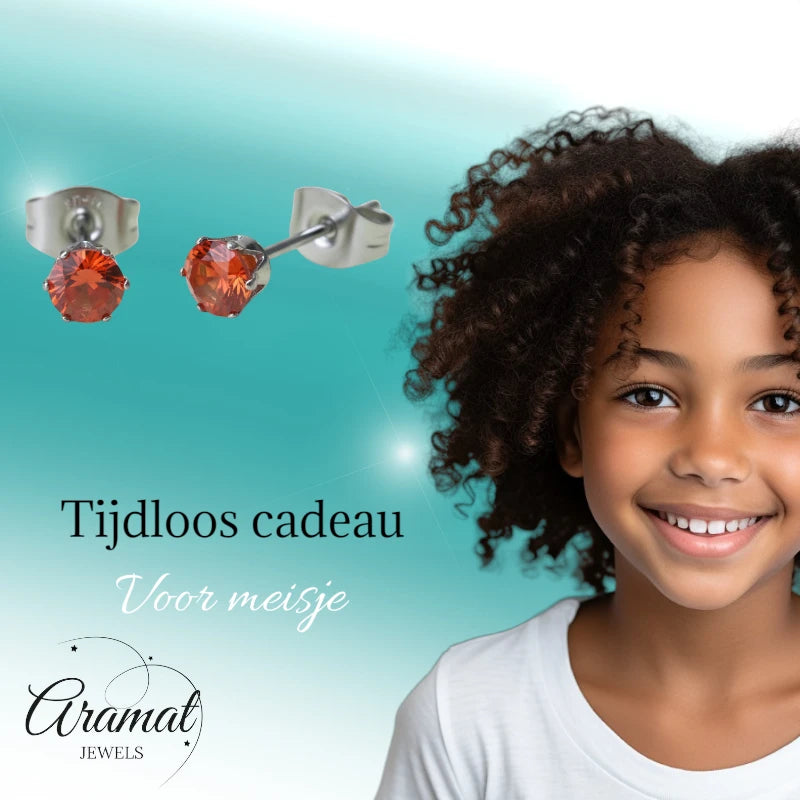 Zilverkleurige RVS Oorstekers Geboortesteen Juli - Rood/Oranje - 4 mm