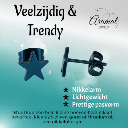 Boucles d'oreilles puces en forme d'étoile, en acier inoxydable bleu – 8 mm remarquables