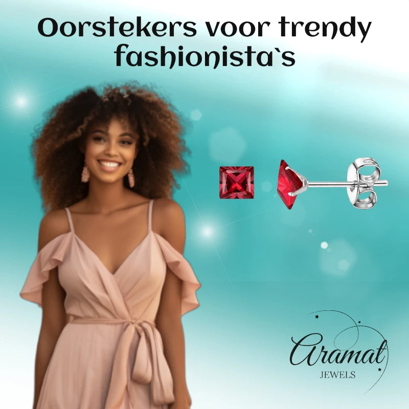 Oorbellen – 5mm Vierkante Zirkonia Rood op RVS Zilverkleur