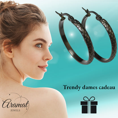 Oorringen – 30mm Creool Ruitjes Patroon RVS Zilverkleur en Zwart Dames