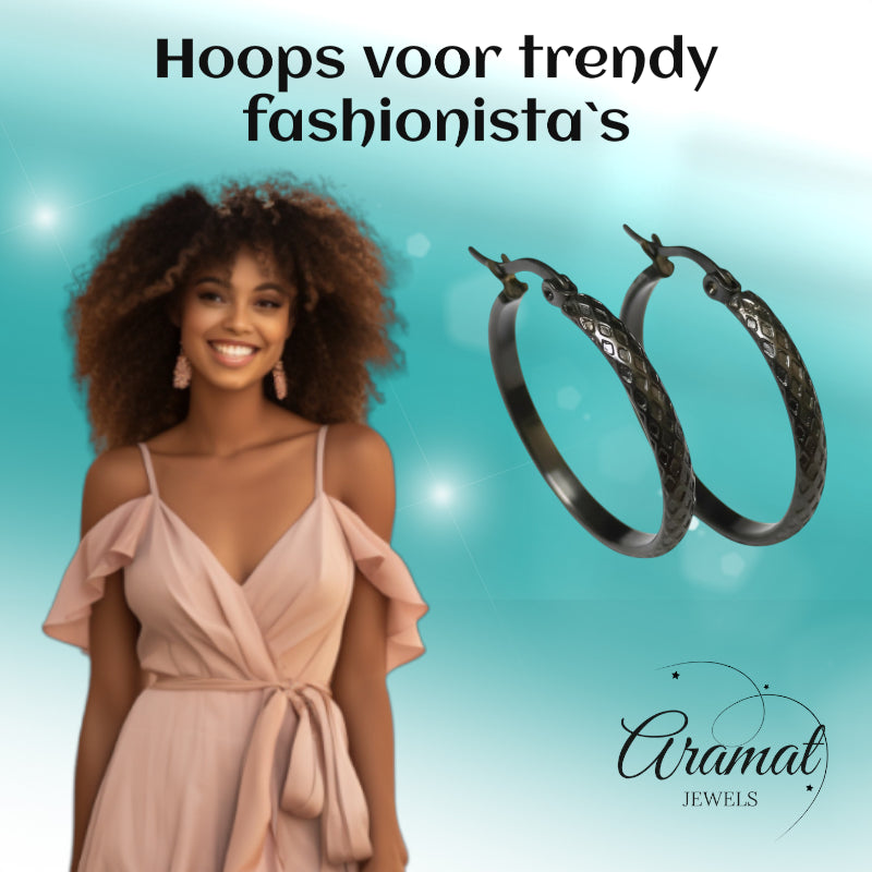 Oorringen – 30mm Creool Ruitjes Patroon RVS Zilverkleur en Zwart Dames