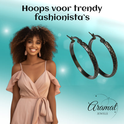 Oorringen – 30mm Creool Ruitjes Patroon RVS Zilverkleur en Zwart Dames