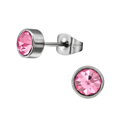 Boucles d'oreilles puces en cristal rose – 5 mm en acier inoxydable argenté