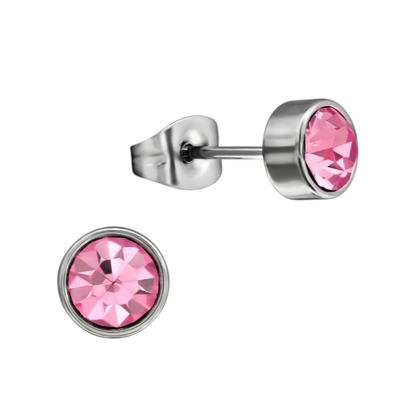 Boucles d'oreilles puces en cristal rose – 5 mm en acier inoxydable argenté