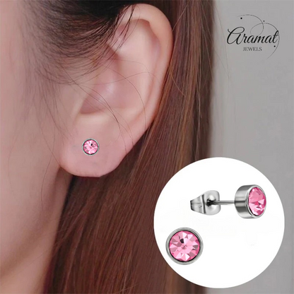Boucles d'oreilles puces en cristal rose – 5 mm en acier inoxydable argenté