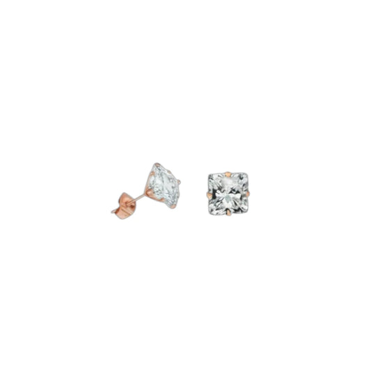 Boucles d'oreilles – Acier inoxydable couleur or rose avec zircon carré (3 mm) 