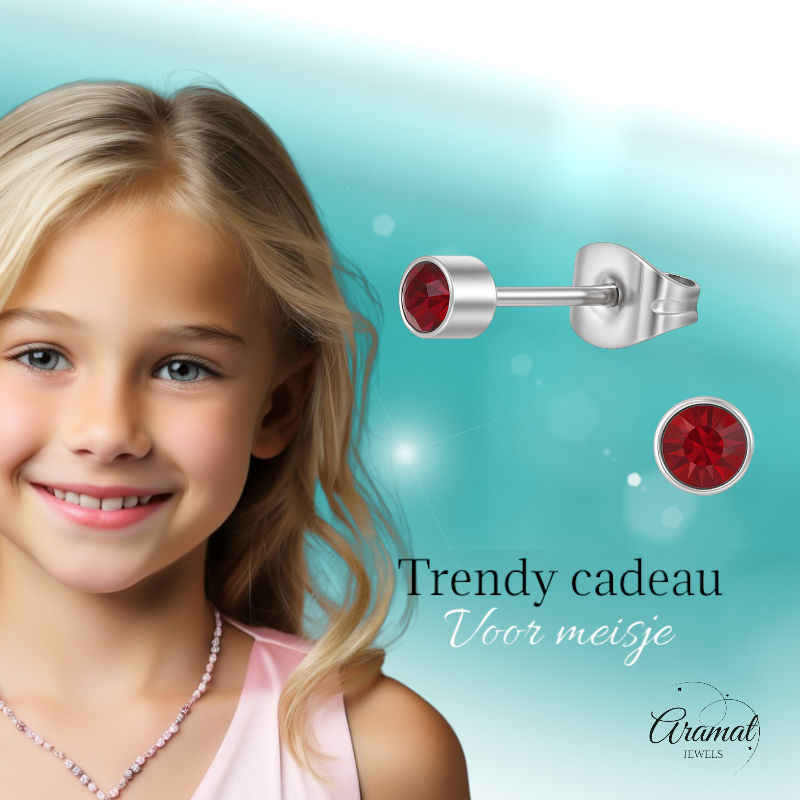 Boucles d'oreilles puces en cristal rouge grenat – 4 mm acier inoxydable argenté