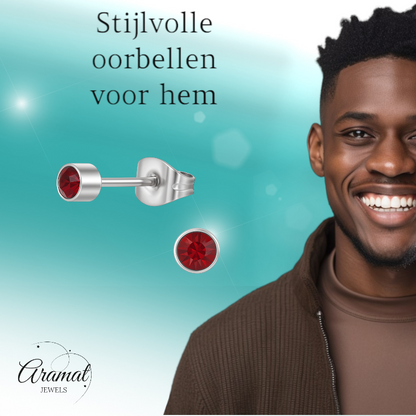 Boucles d'oreilles puces en cristal rouge grenat – 4 mm acier inoxydable argenté