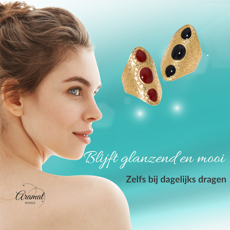 Statement Ring RVS met Drie Ovale Emaille Vullingen (45 mm Lang)