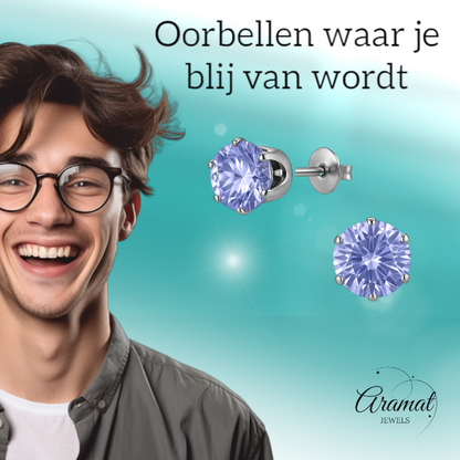 Zilverkleurige Zirkonia Oorbellen 7mm Lila