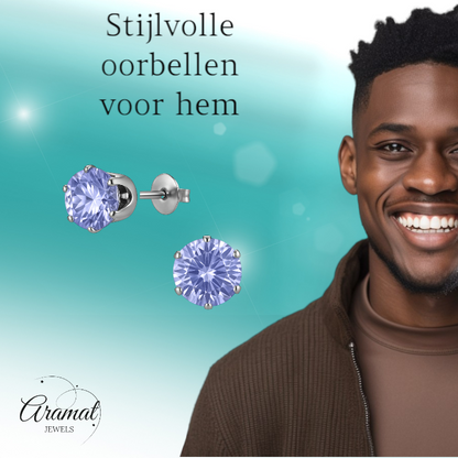 Zilverkleurige Zirkonia Oorbellen 7mm Lila