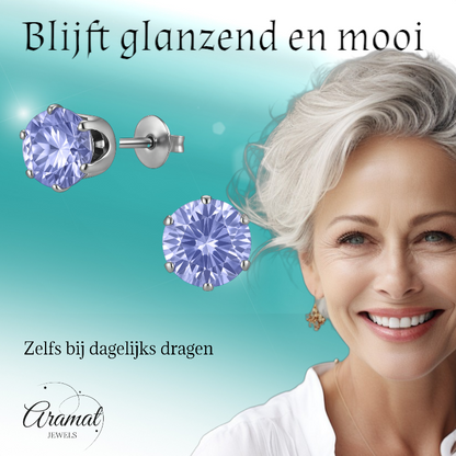 Zilverkleurige Zirkonia Oorbellen 8mm Lila