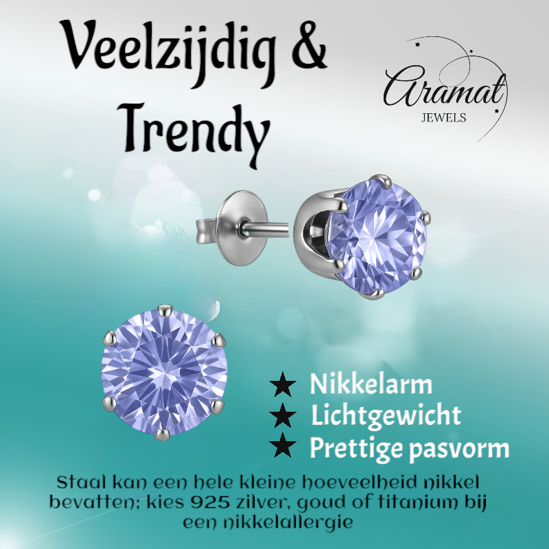 Zilverkleurige Zirkonia Oorbellen 7mm Lila