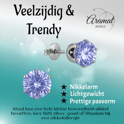 Zilverkleurige Zirkonia Oorbellen 8mm Lila